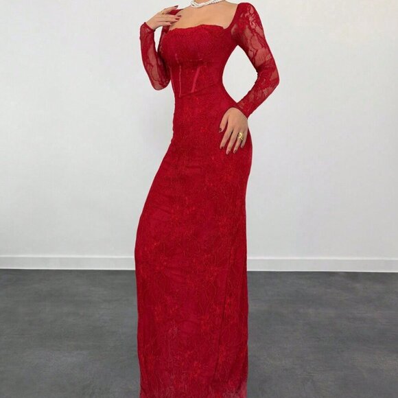 Burgundy Casual Women's Date Night Lace Long Sleeve Square Neck Bodycon Dress - Picture 5 of 7